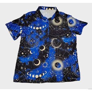 Zodiac Blue and Black Celestial Print Casual Button Down Shirt
